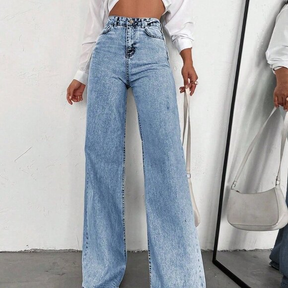 Denim - Medium Wash Casual Women's High Waist Wide Leg Jeans Slim Fit Denim Trousers